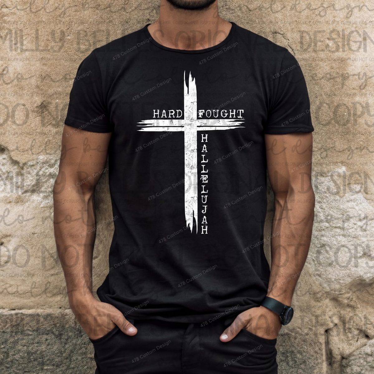 Hard Fought Hallelujah Brush Cross Top apparel mockup — 478 Custom Design