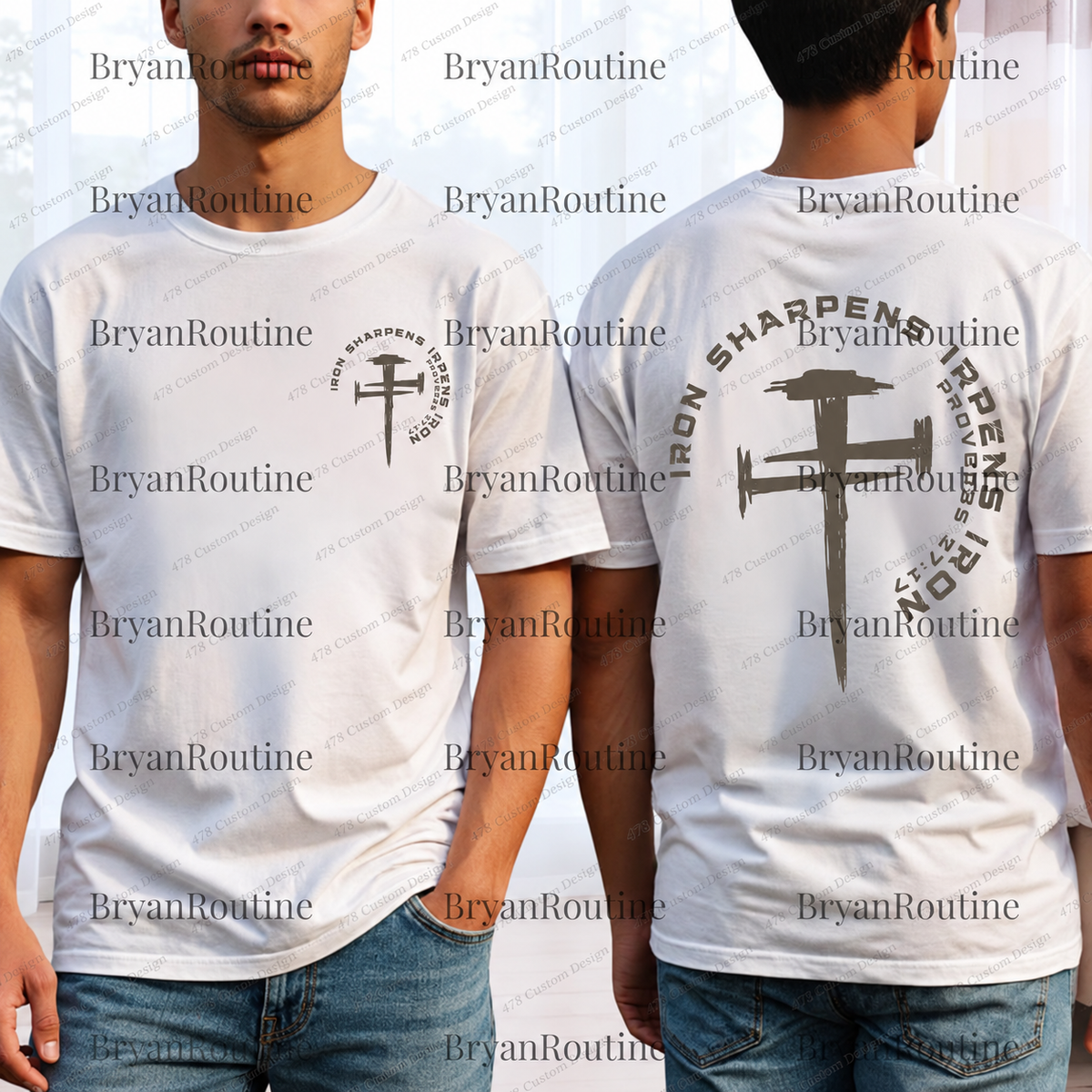 Iron Sharpens Iron Brush Cross Front and Back Top apparel mockup — 478 Custom Design