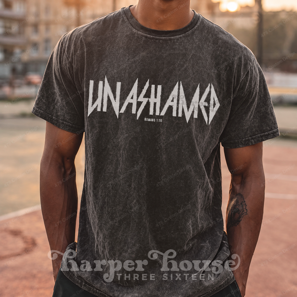 Unashamed Romans 1:16 Grunge Top apparel mockup — 478 Custom Design