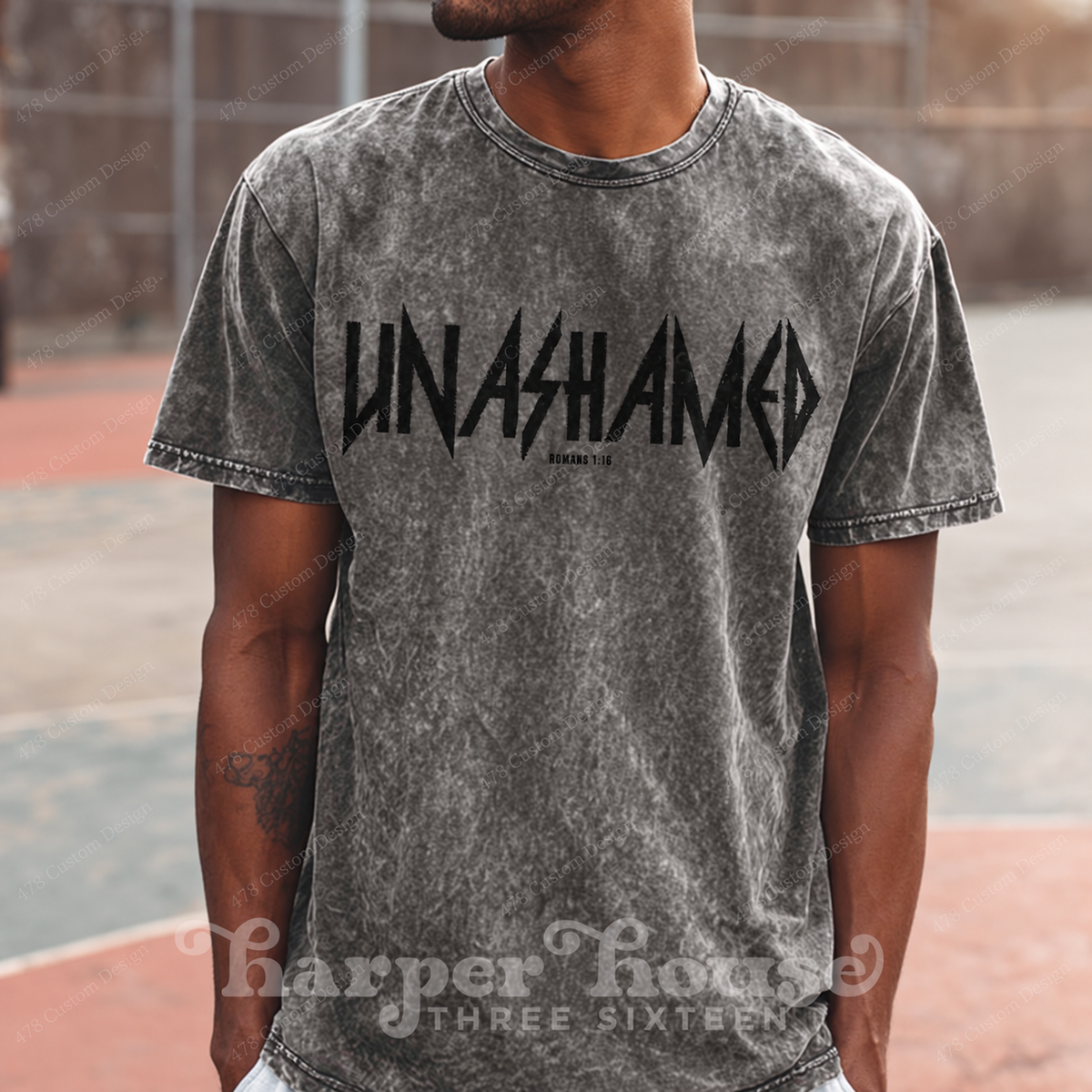 Unashamed Romans 1:16 Grunge Top apparel mockup — 478 Custom Design