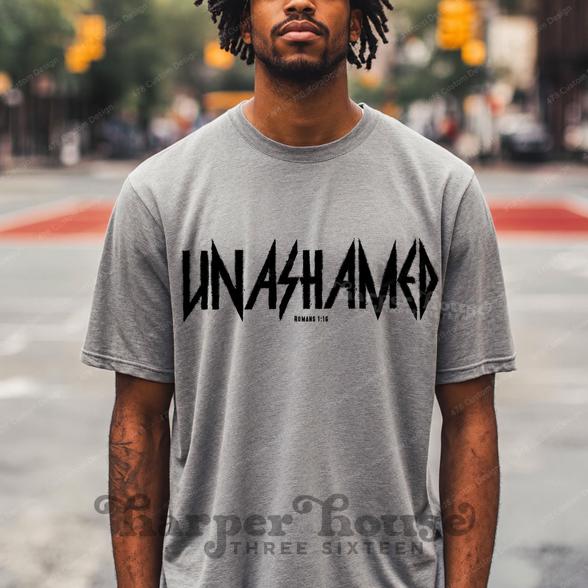 Unashamed Romans 1:16 Grunge Top apparel mockup — 478 Custom Design
