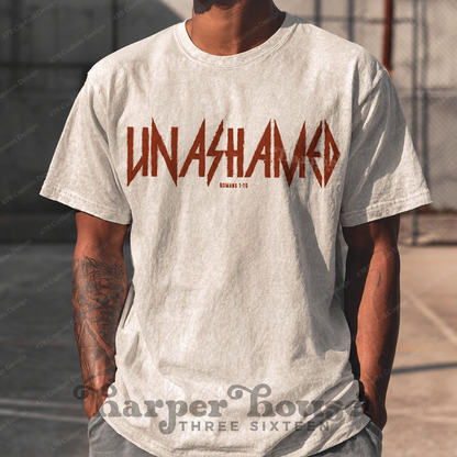 Unashamed Romans 1:16 Grunge Top apparel mockup — 478 Custom Design