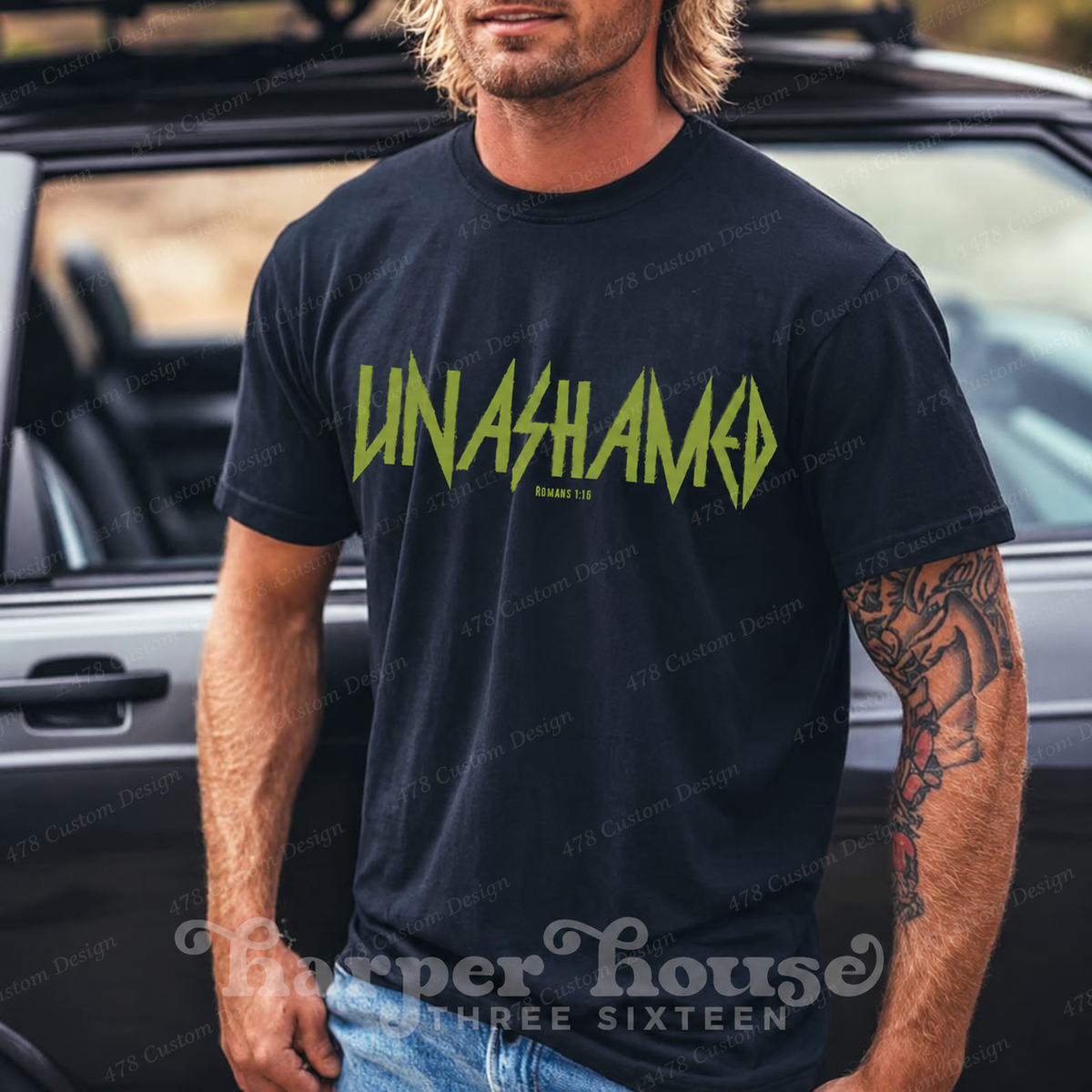 Unashamed Romans 1:16 Grunge Top apparel mockup — 478 Custom Design