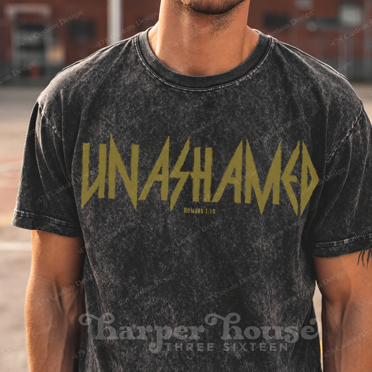 Unashamed Romans 1:16 Grunge Top apparel mockup — 478 Custom Design