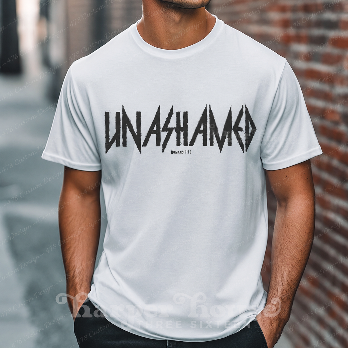 Unashamed Romans 1:16 Grunge Top apparel mockup — 478 Custom Design