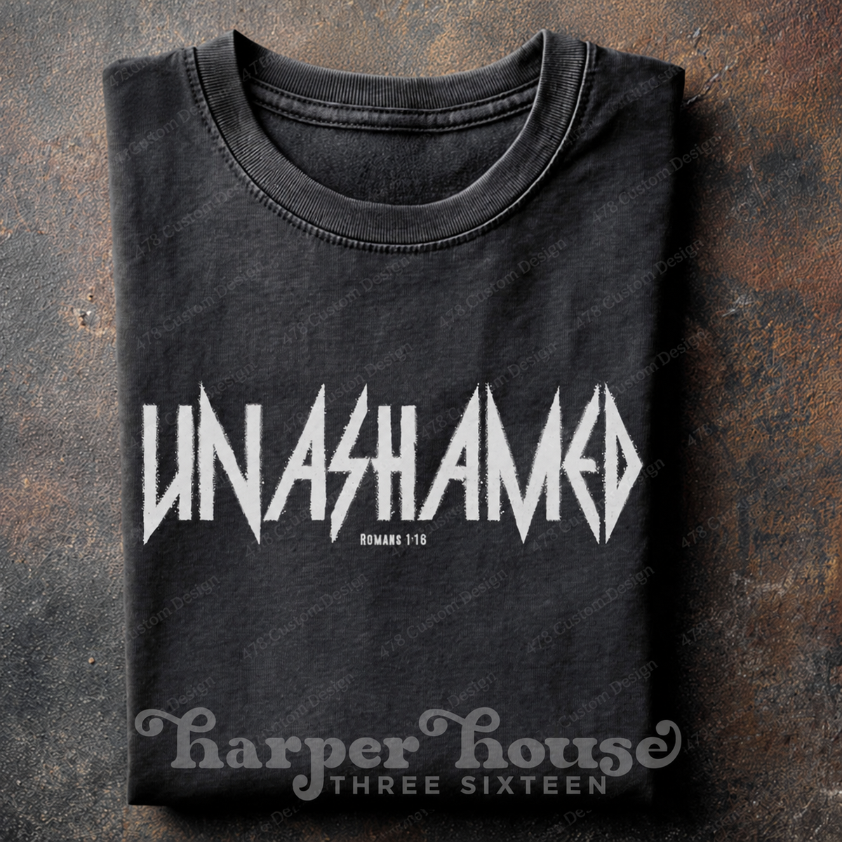 Unashamed Romans 1:16 Grunge Top apparel mockup — 478 Custom Design