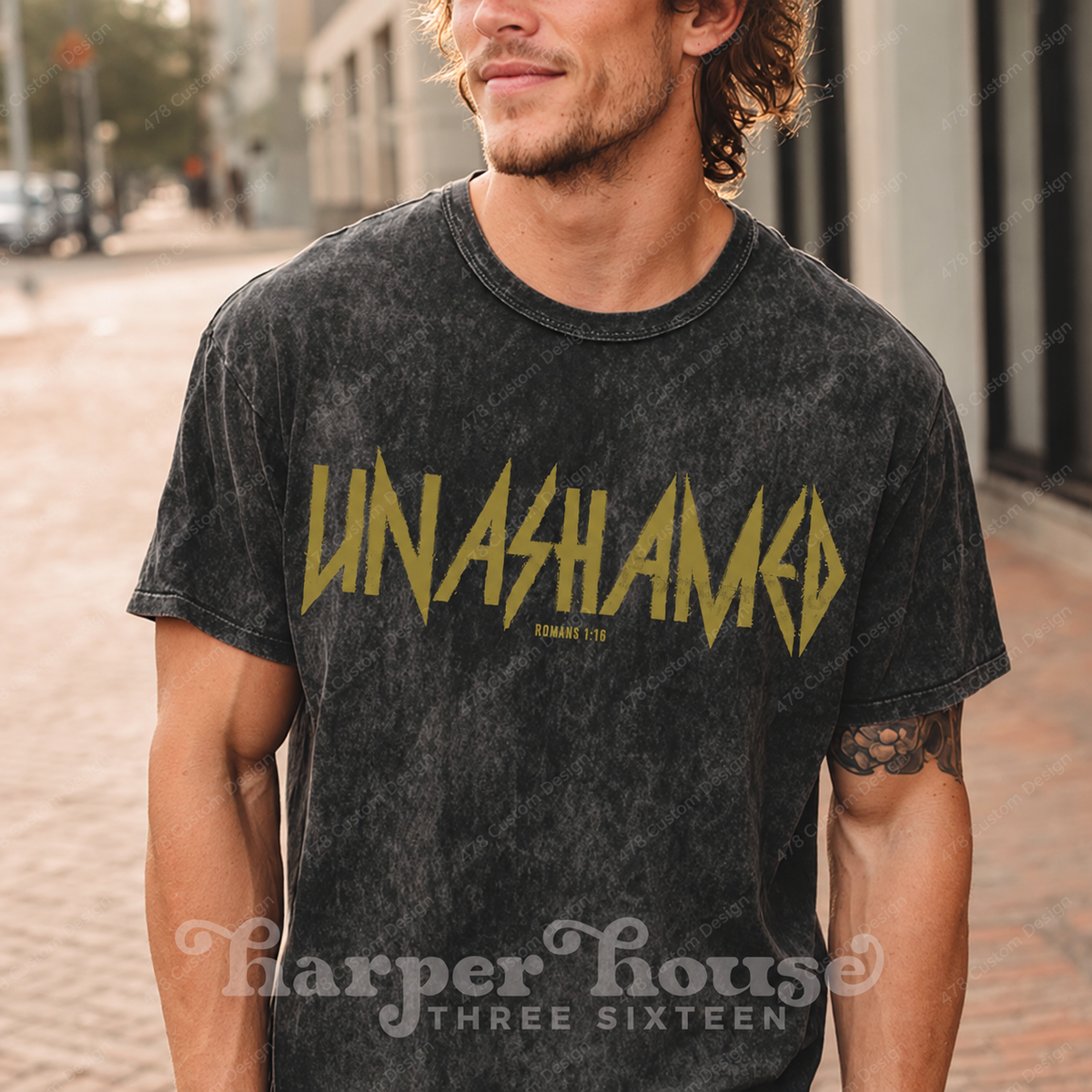 Unashamed Romans 1:16 Grunge Top apparel mockup — 478 Custom Design