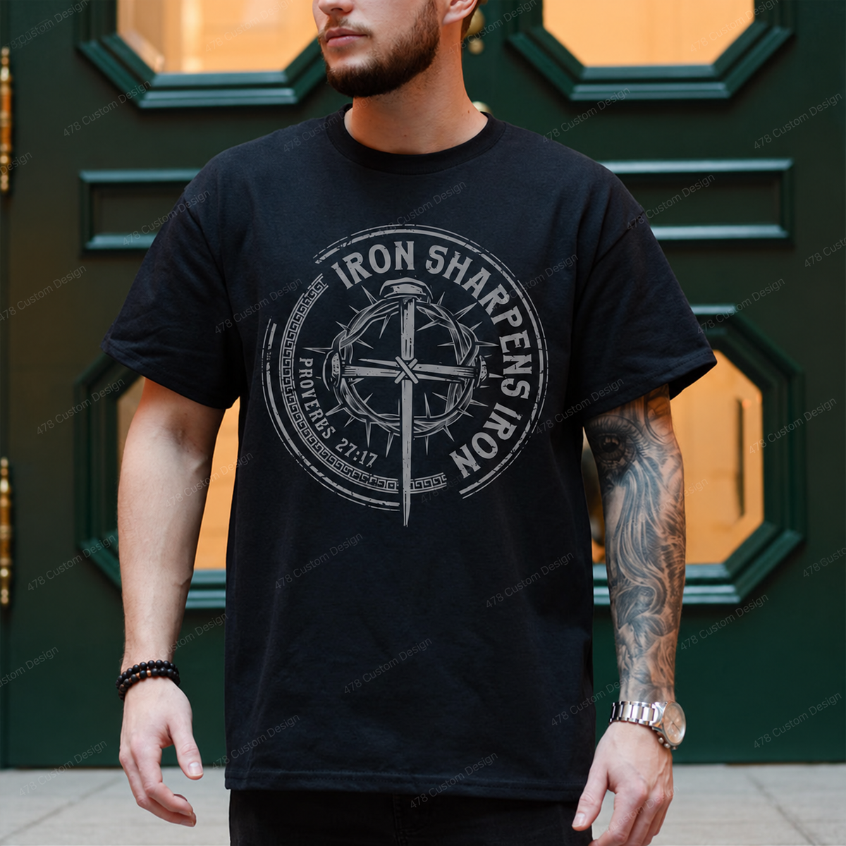 Iron Sharpens Iron Circular Cross Top apparel mockup — 478 Custom Design