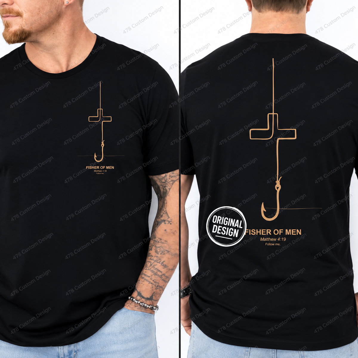 Fisher of Men Minimal Hook Cross Front and Back Top apparel mockup — 478 Custom Design