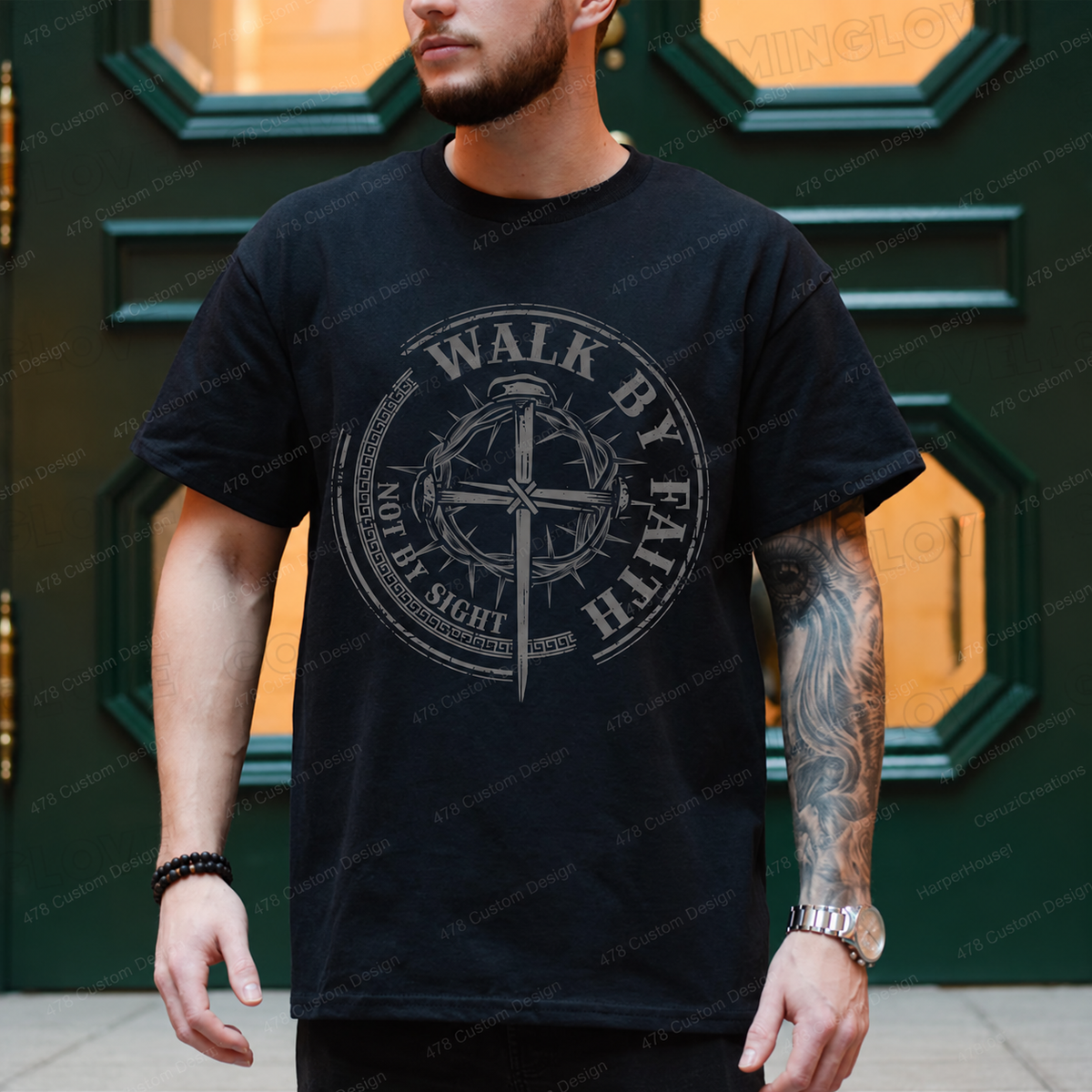 Walk by Faith Not by Sight Circular Cross Top apparel mockup — 478 Custom Design