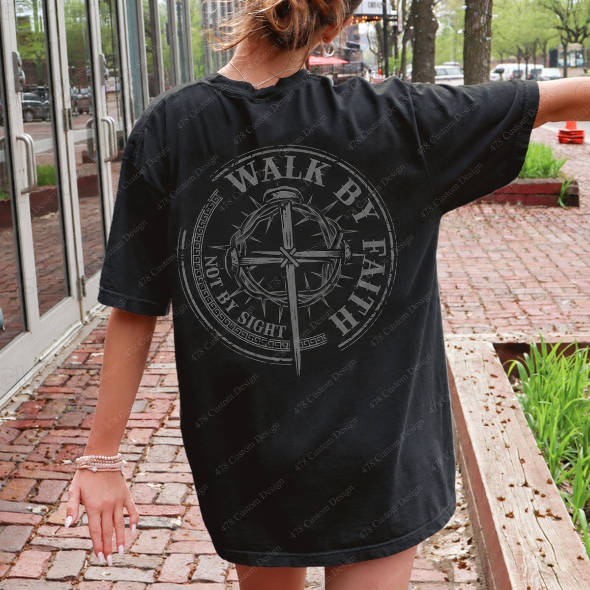 Walk by Faith Not by Sight Circular Cross Top apparel mockup — 478 Custom Design
