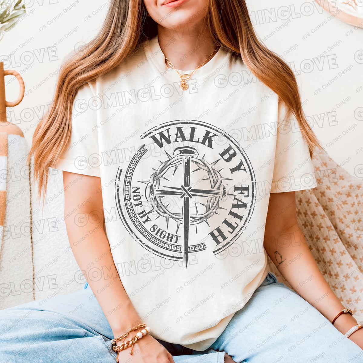 Walk by Faith Not by Sight Circular Cross Top apparel mockup — 478 Custom Design