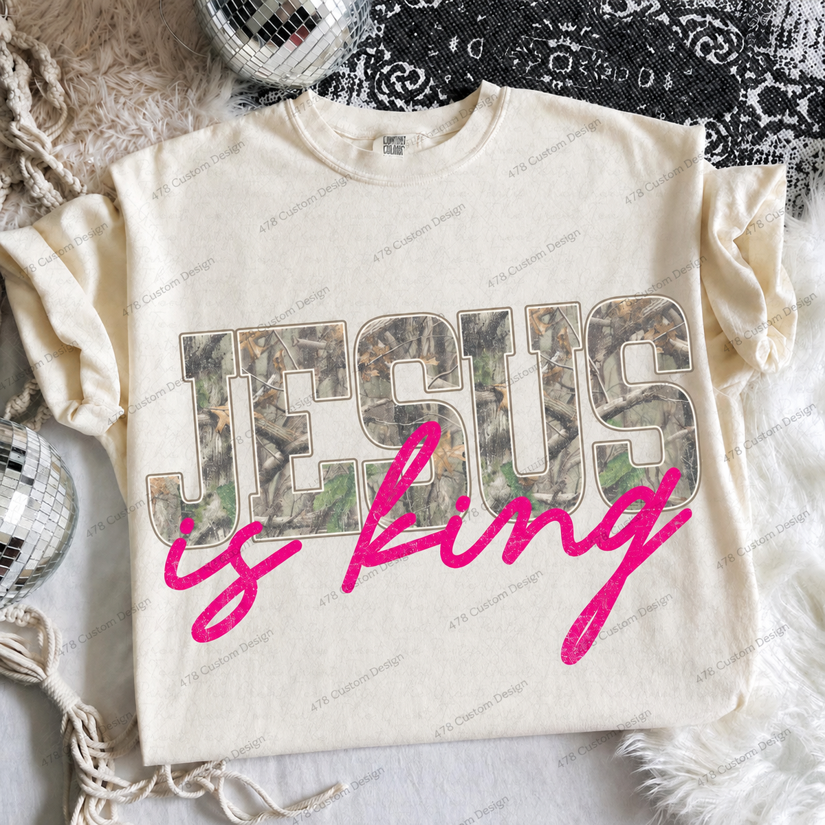 Jesus Is King Pink Camo Top apparel mockup — 478 Custom Design