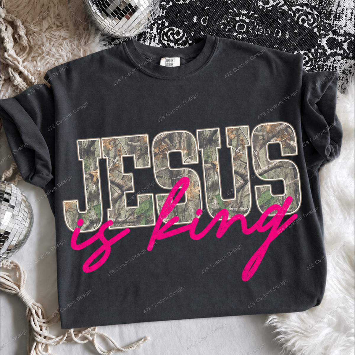 Jesus Is King Pink Camo Top apparel mockup — 478 Custom Design