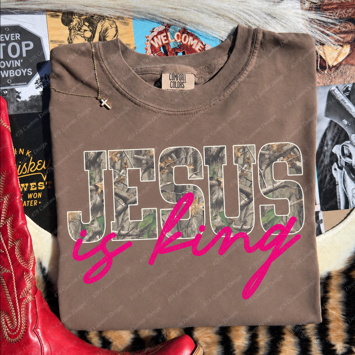 Jesus Is King Pink Camo Top apparel mockup — 478 Custom Design