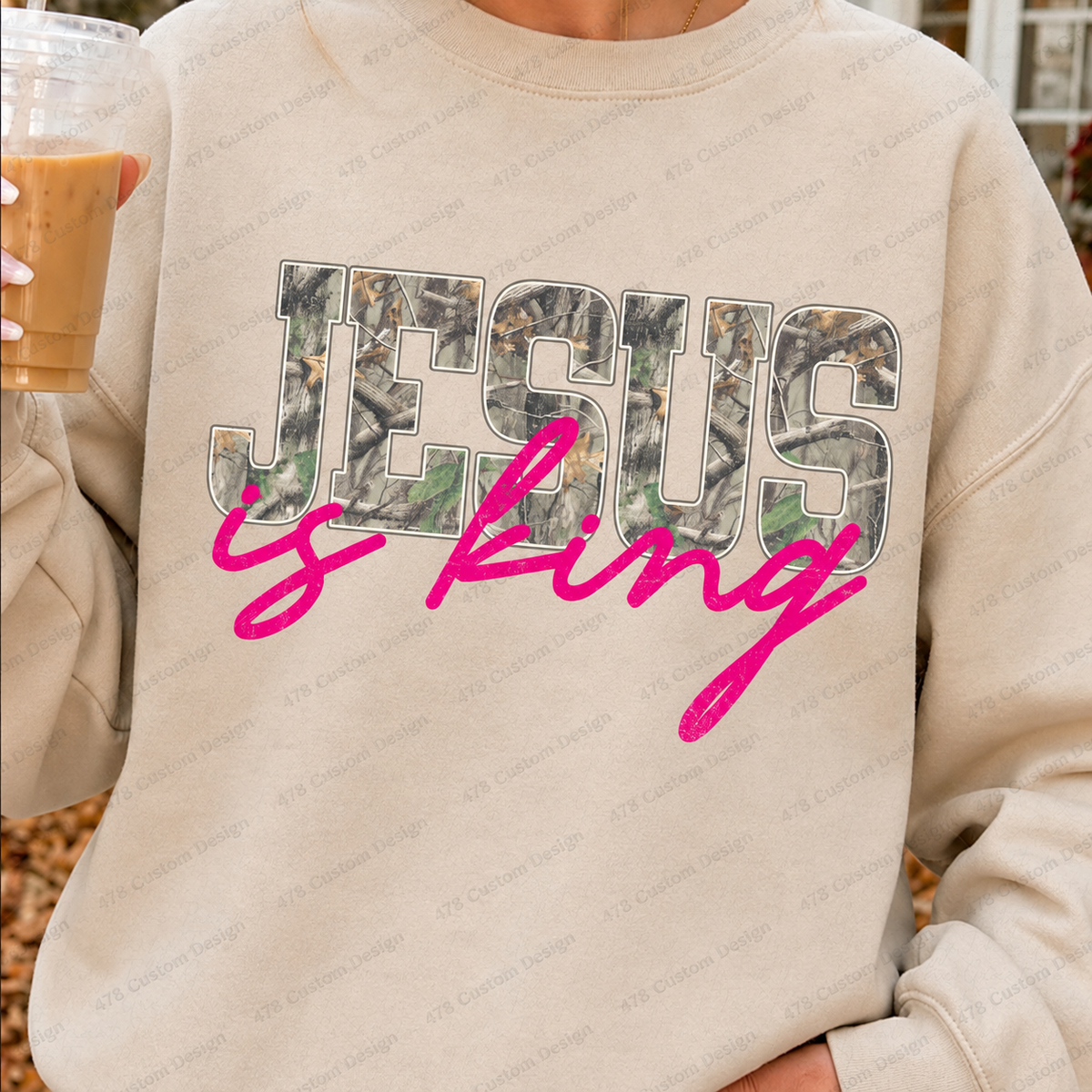 Jesus Is King Pink Camo Top apparel mockup — 478 Custom Design