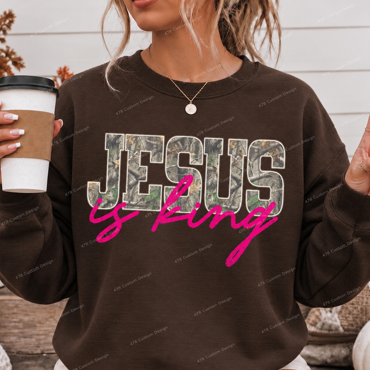Jesus Is King Pink Camo Top apparel mockup — 478 Custom Design