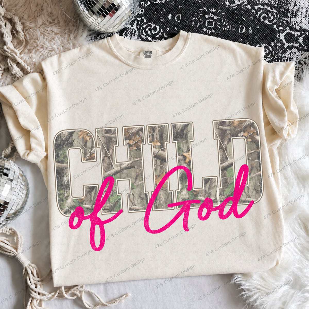 Child of God Pink Camo Top apparel mockup — 478 Custom Design