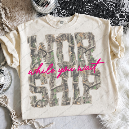 Worship While You Wait Pink Camo Top apparel mockup — 478 Custom Design