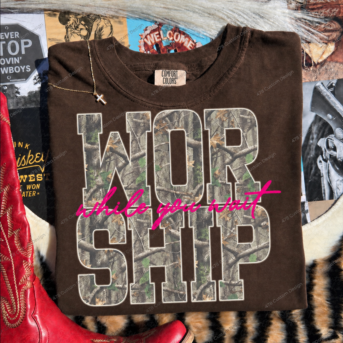 Worship While You Wait Pink Camo Top apparel mockup — 478 Custom Design