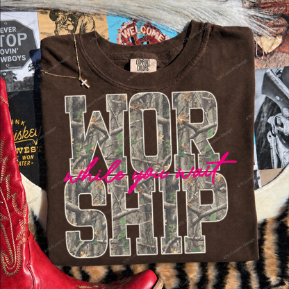 Worship While You Wait Pink Camo Top apparel mockup — 478 Custom Design