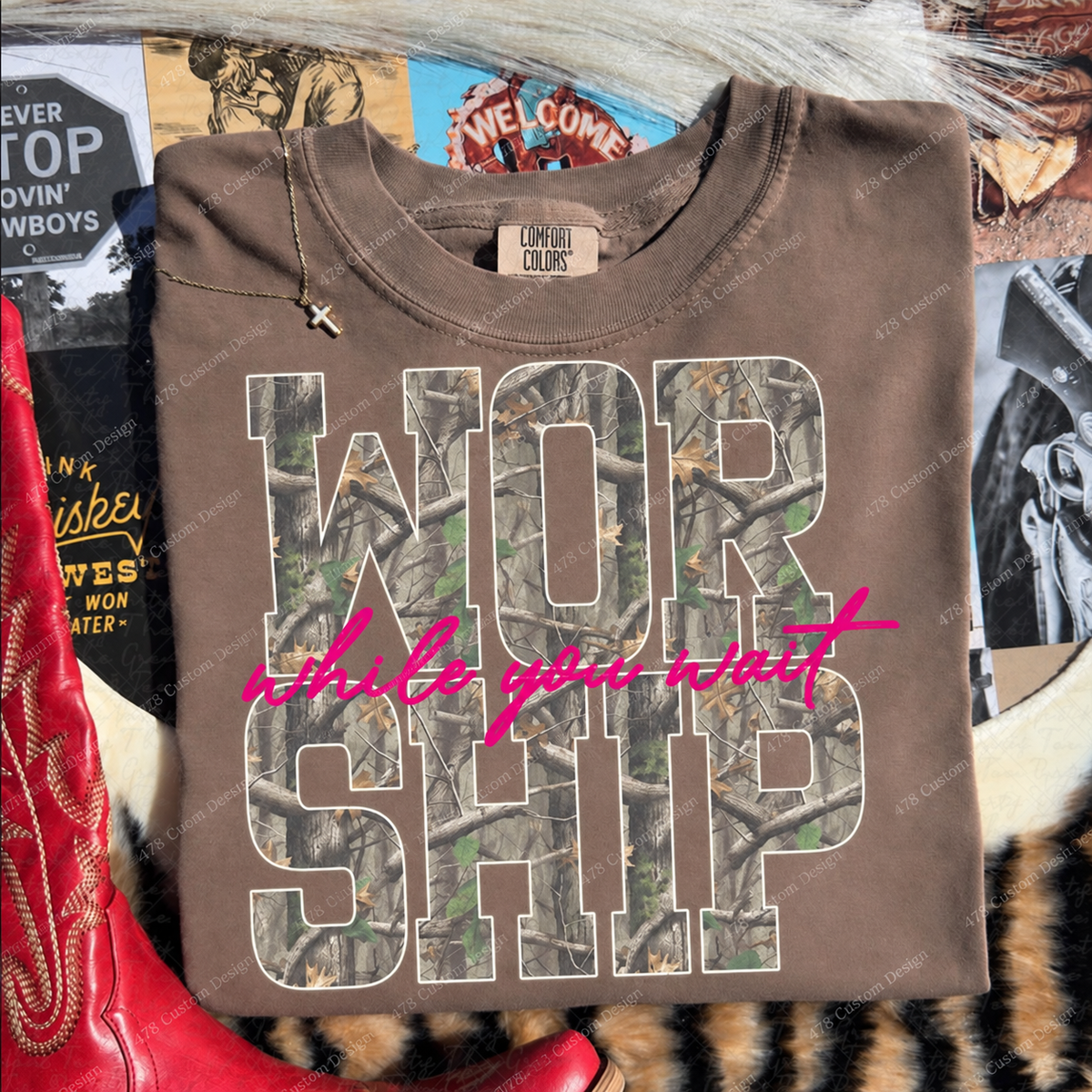 Worship While You Wait Pink Camo Top apparel mockup — 478 Custom Design