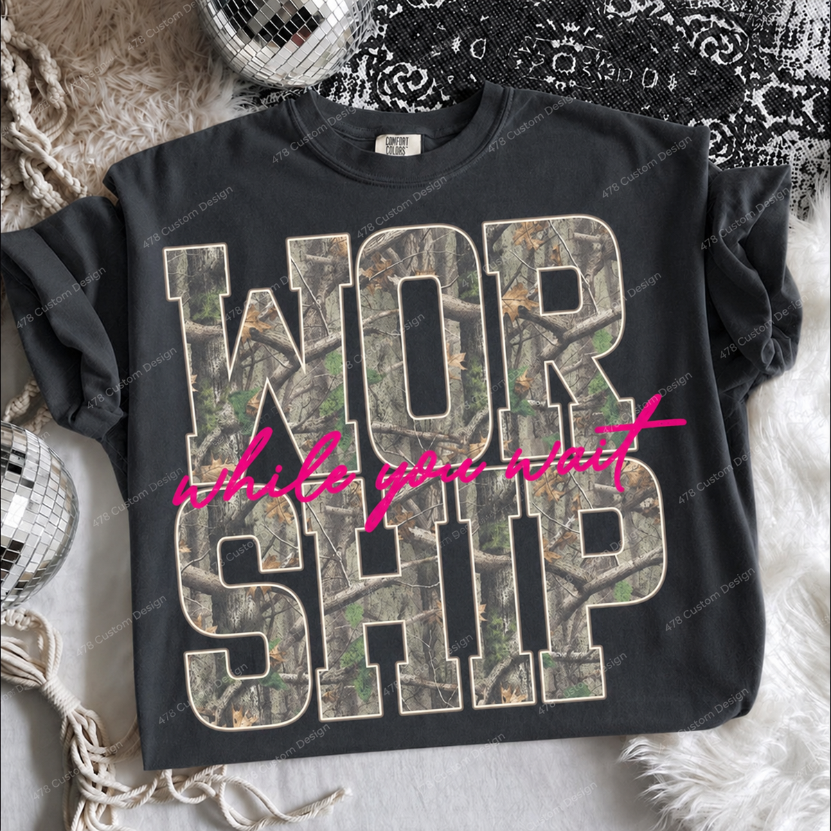 Worship While You Wait Pink Camo Top apparel mockup — 478 Custom Design
