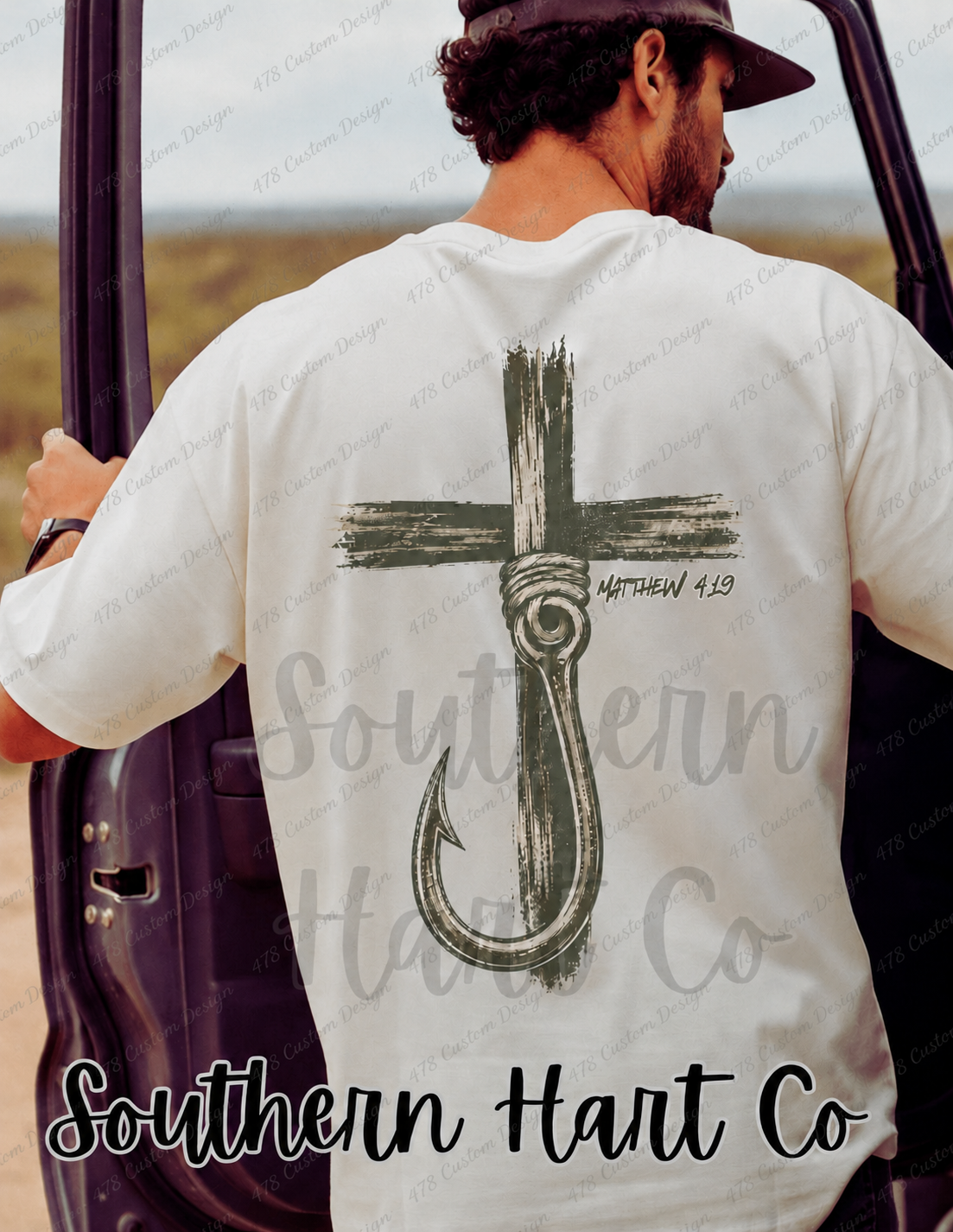 Matthew 4:19 Rustic Fishing Cross Top apparel mockup — 478 Custom Design