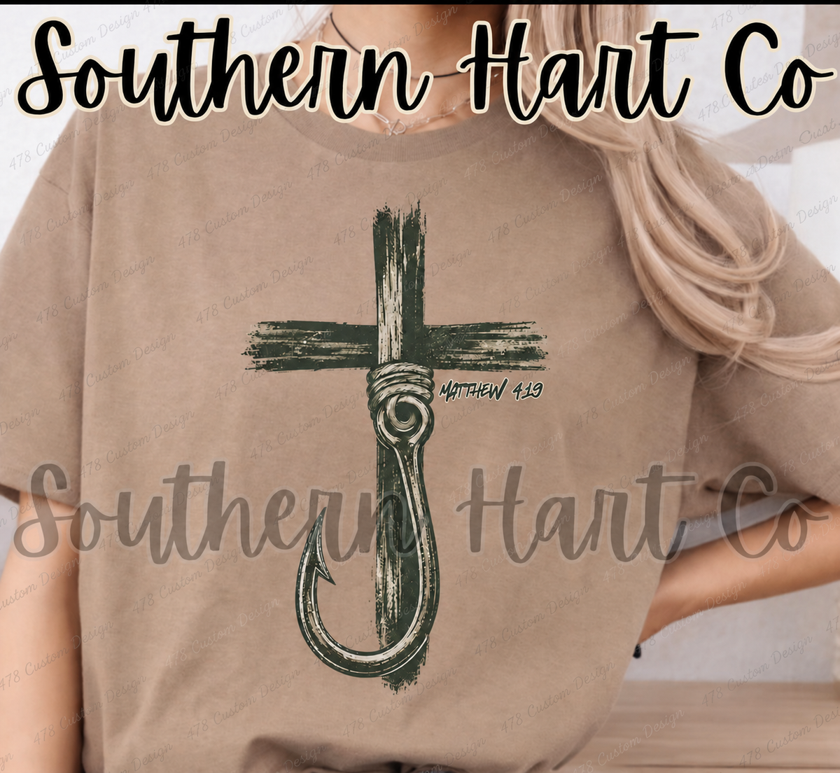 Matthew 4:19 Rustic Fishing Cross Top apparel mockup — 478 Custom Design