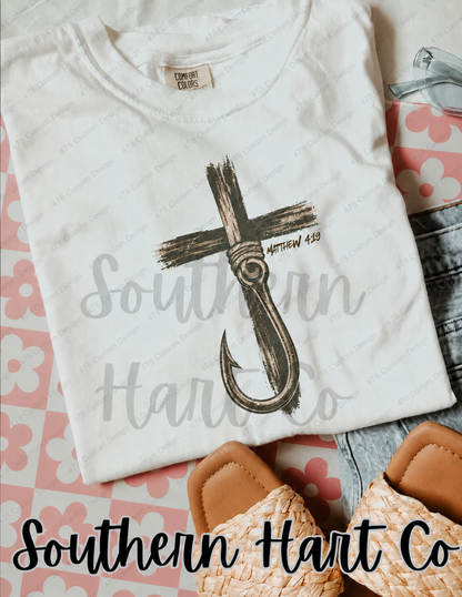 Matthew 4:19 Rustic Fishing Cross Top apparel mockup — 478 Custom Design