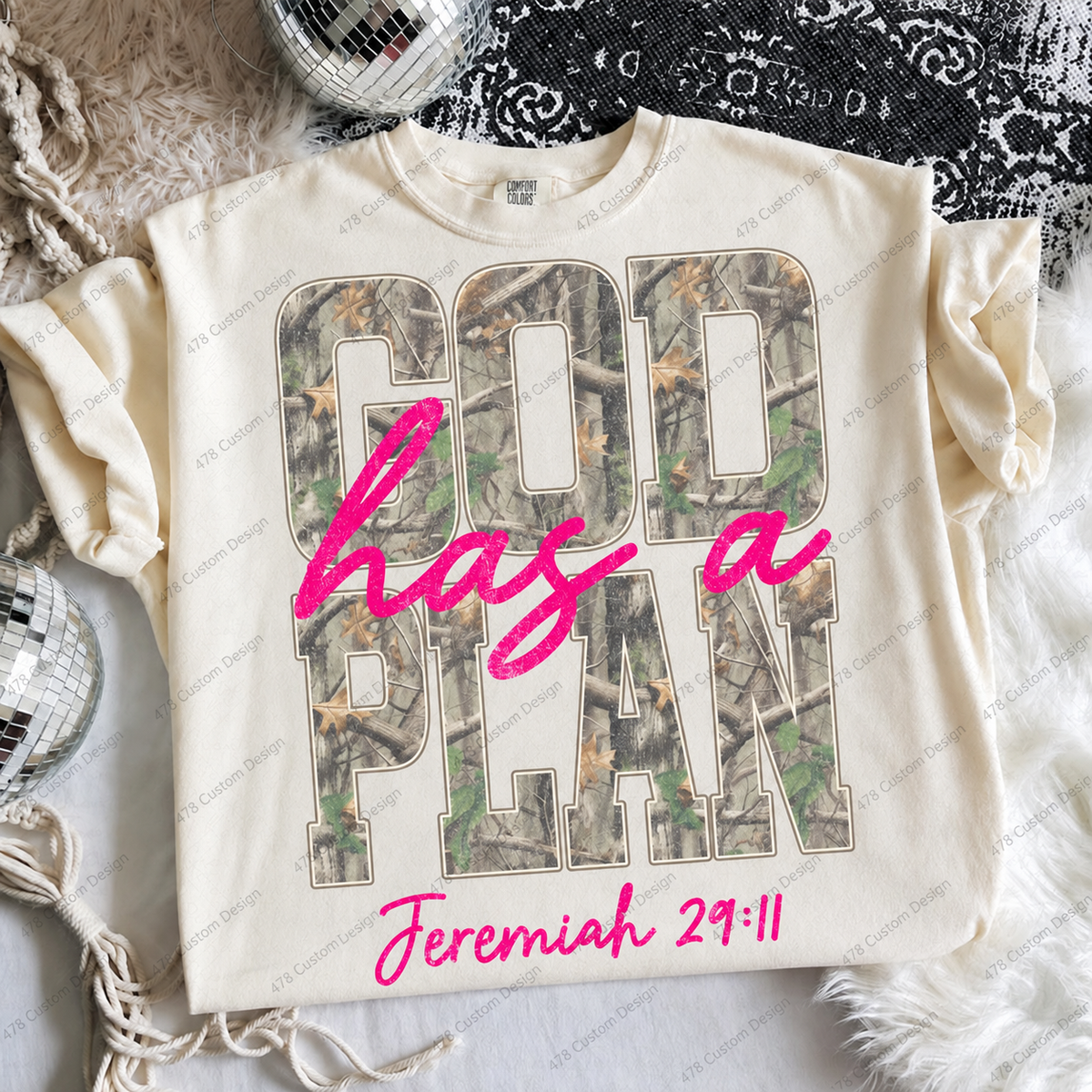 God Has a Plan Pink Camo Jeremiah 29:11 Top apparel mockup — 478 Custom Design