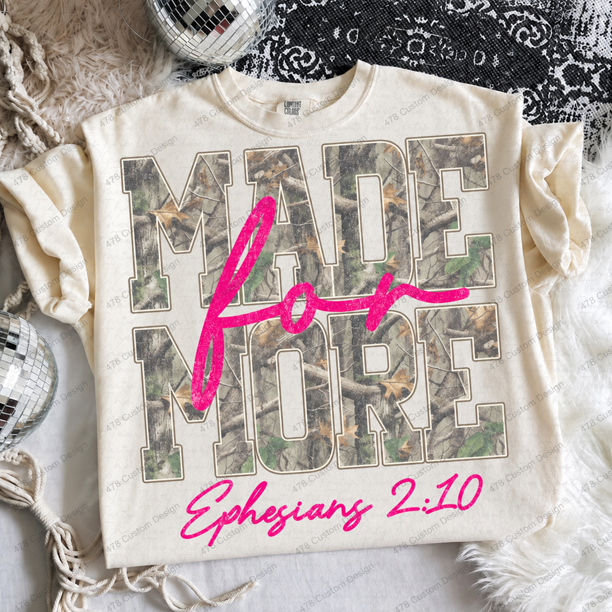 Made for More Pink Camo Ephesians 2:10 Top apparel mockup — 478 Custom Design