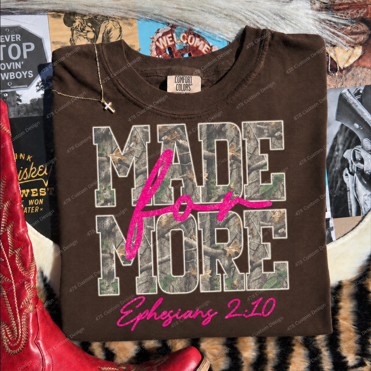 Made for More Pink Camo Ephesians 2:10 Top apparel mockup — 478 Custom Design