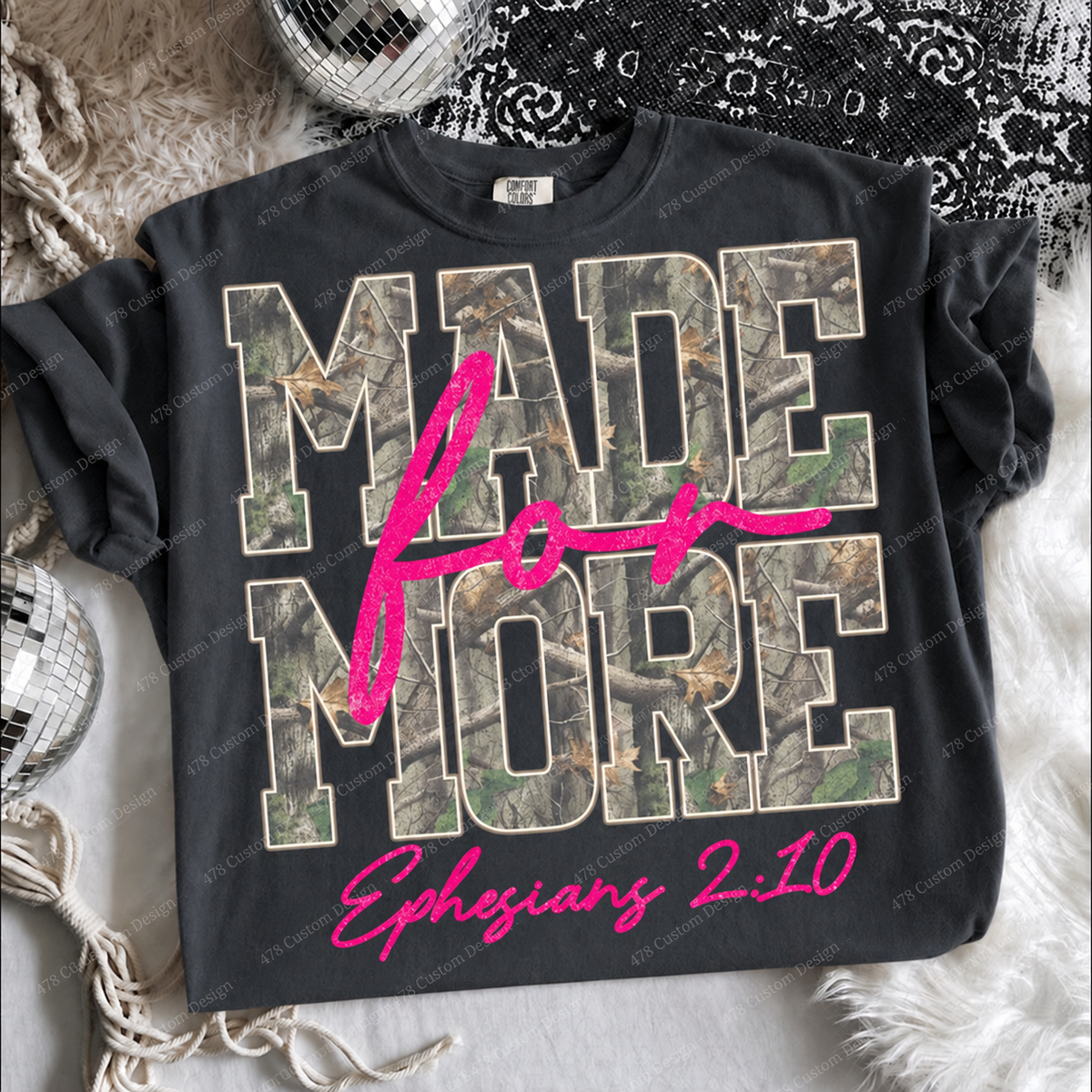 Made for More Pink Camo Ephesians 2:10 Top apparel mockup — 478 Custom Design