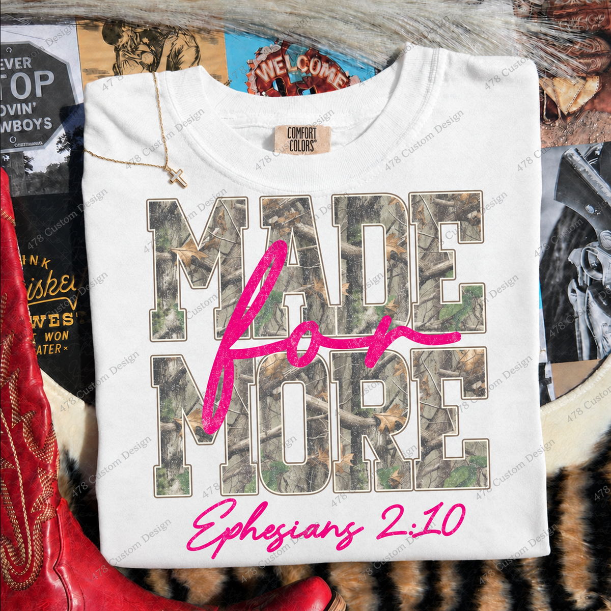 Made for More Pink Camo Ephesians 2:10 Top apparel mockup — 478 Custom Design