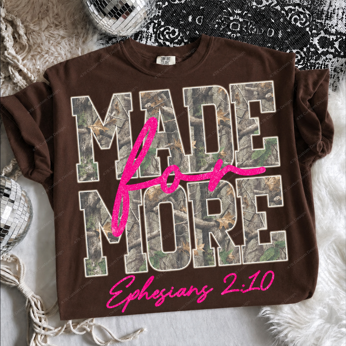 Made for More Pink Camo Ephesians 2:10 Top apparel mockup — 478 Custom Design