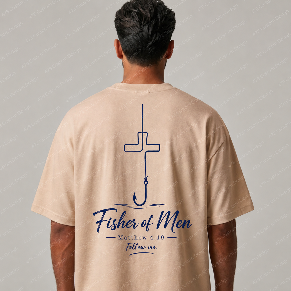 Fisher of Men Script Hook Cross Front and Back Top apparel mockup — 478 Custom Design