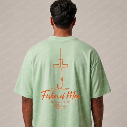 Fisher of Men Script Hook Cross Front and Back Top apparel mockup — 478 Custom Design
