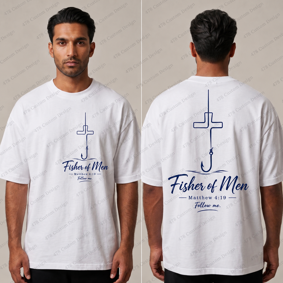 Fisher of Men Script Hook Cross Front and Back Top apparel mockup — 478 Custom Design
