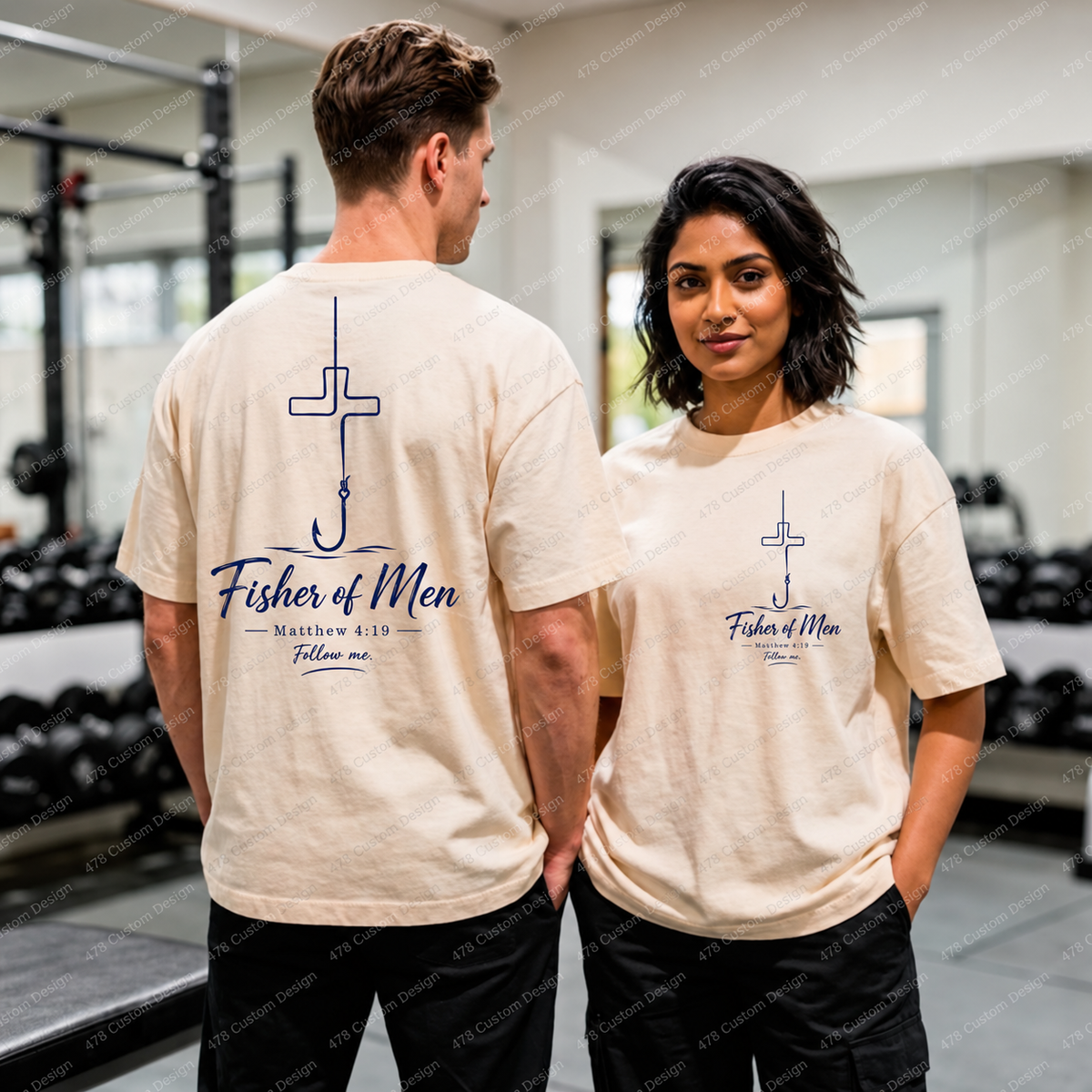 Fisher of Men Script Hook Cross Front and Back Top apparel mockup — 478 Custom Design