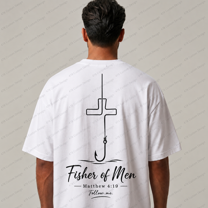 Fisher of Men Script Hook Cross Front and Back Top apparel mockup — 478 Custom Design