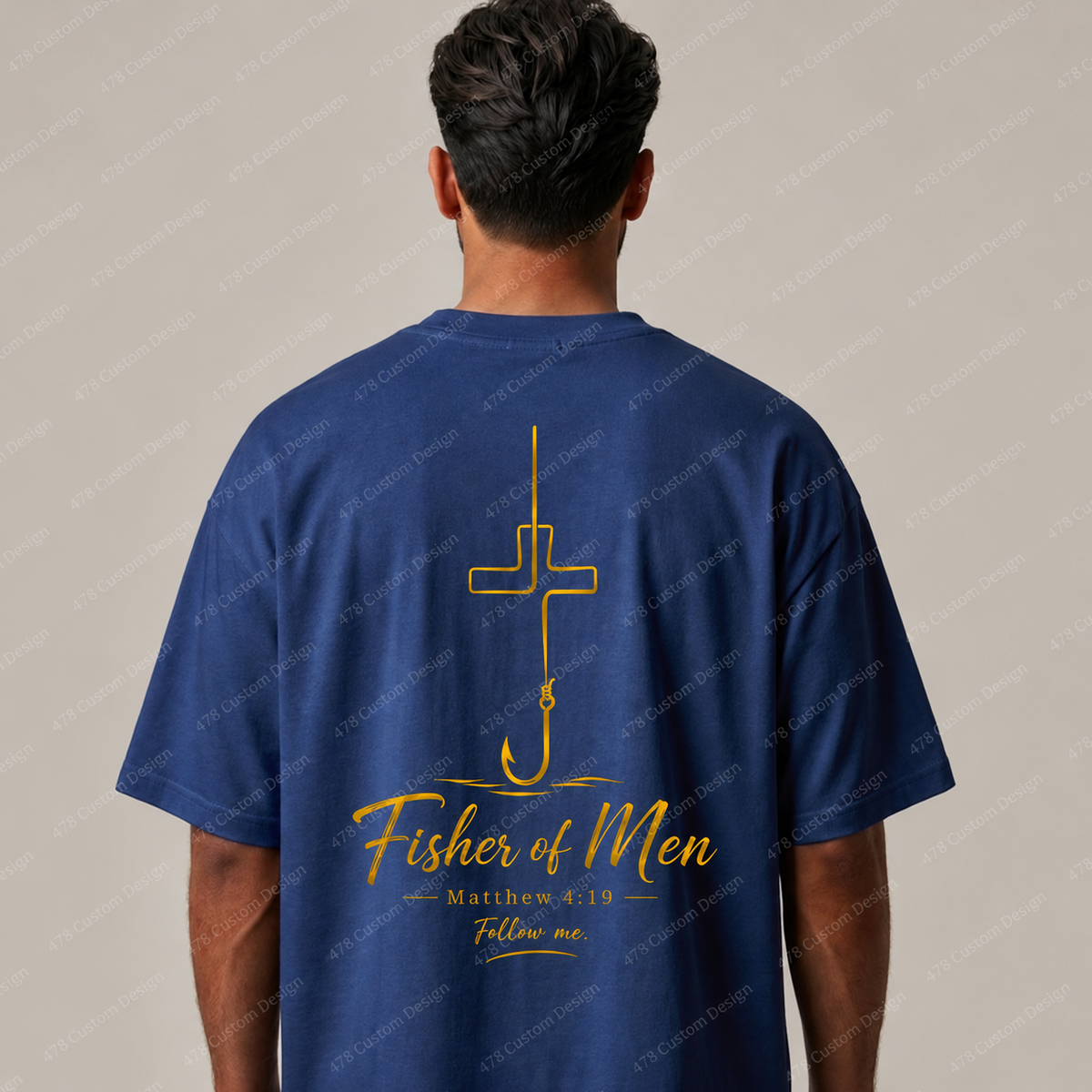 Fisher of Men Script Hook Cross Front and Back Top apparel mockup — 478 Custom Design