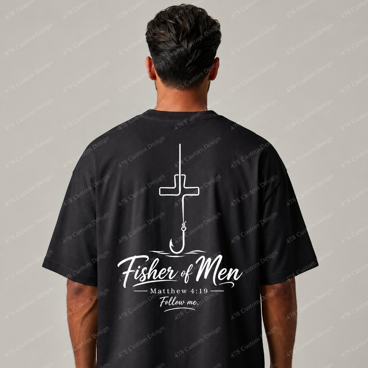 Fisher of Men Script Hook Cross Front and Back Top apparel mockup — 478 Custom Design