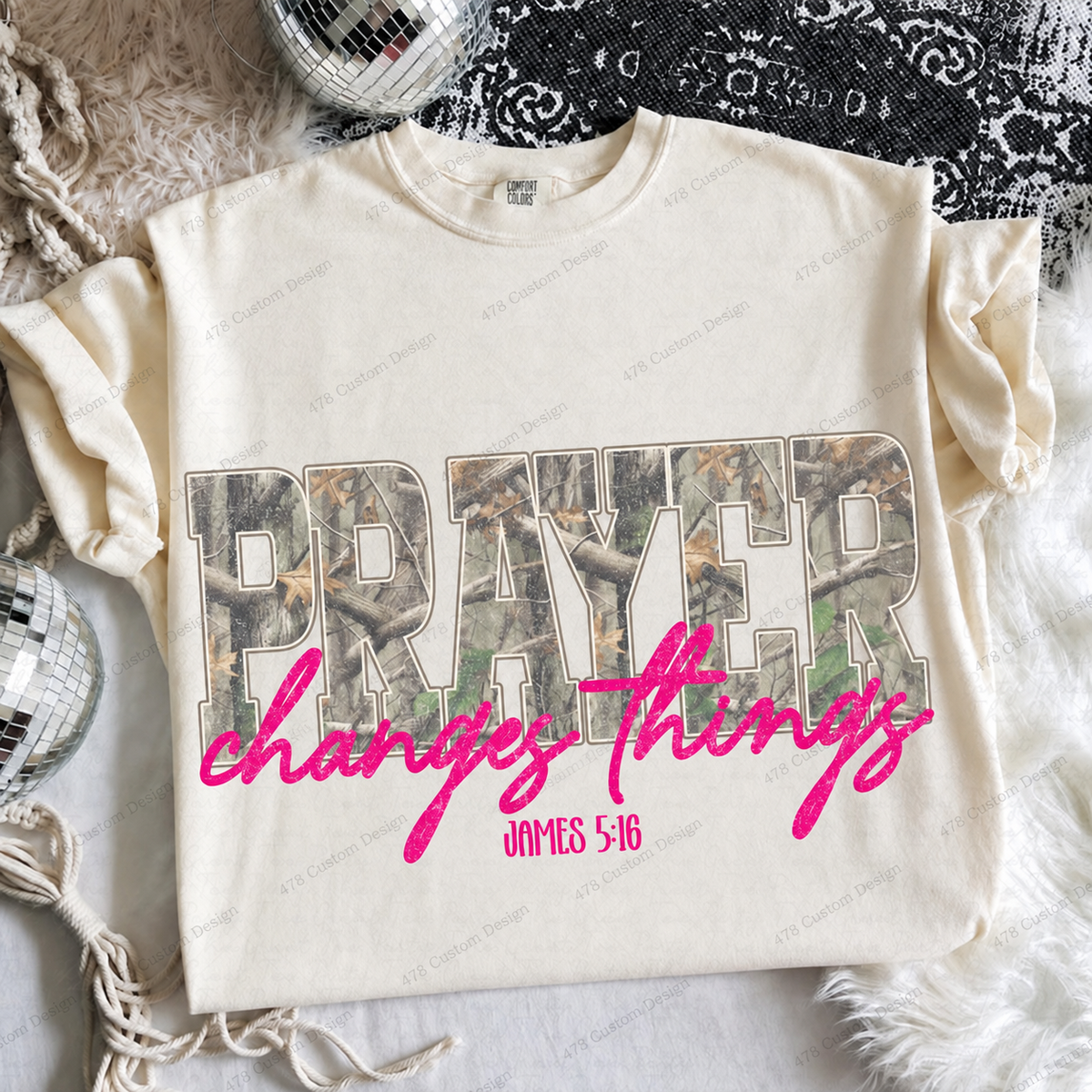 Prayer Changes Things Pink Camo James 5:16 Top apparel mockup — 478 Custom Design