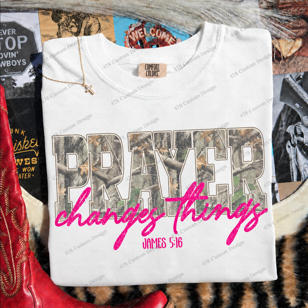 Prayer Changes Things Pink Camo James 5:16 Top apparel mockup — 478 Custom Design