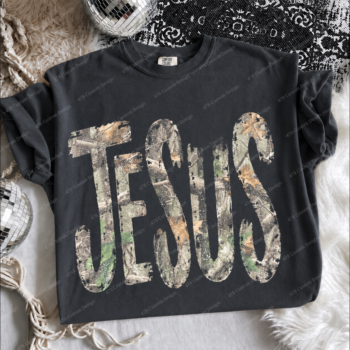 Jesus Distressed Camo Top apparel mockup — 478 Custom Design