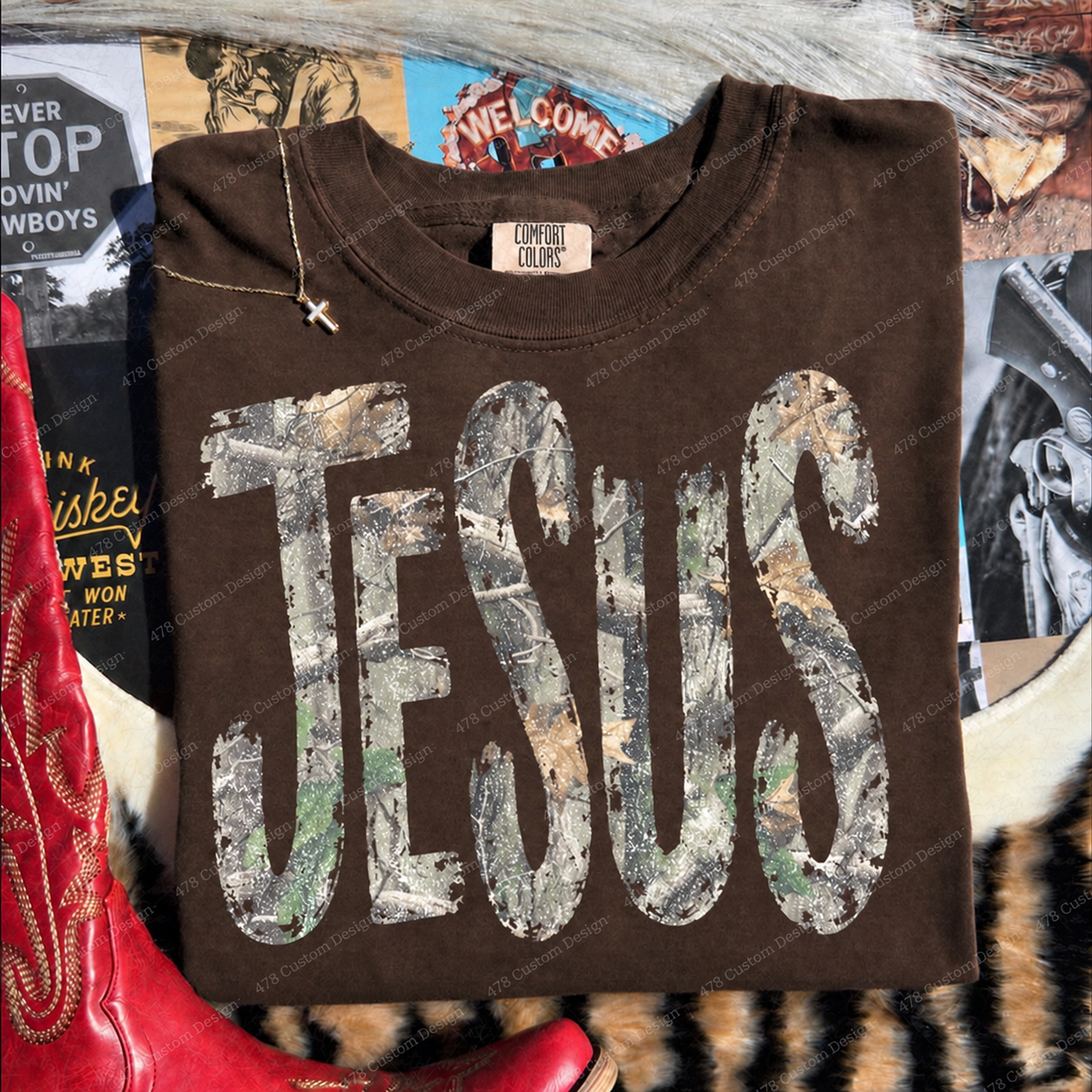 Jesus Distressed Camo Top apparel mockup — 478 Custom Design