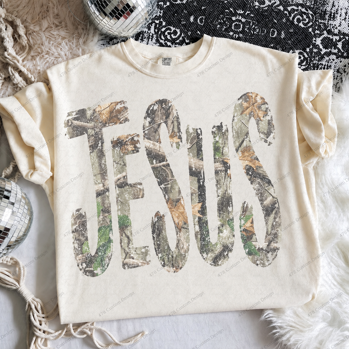 Jesus Distressed Camo Top apparel mockup — 478 Custom Design