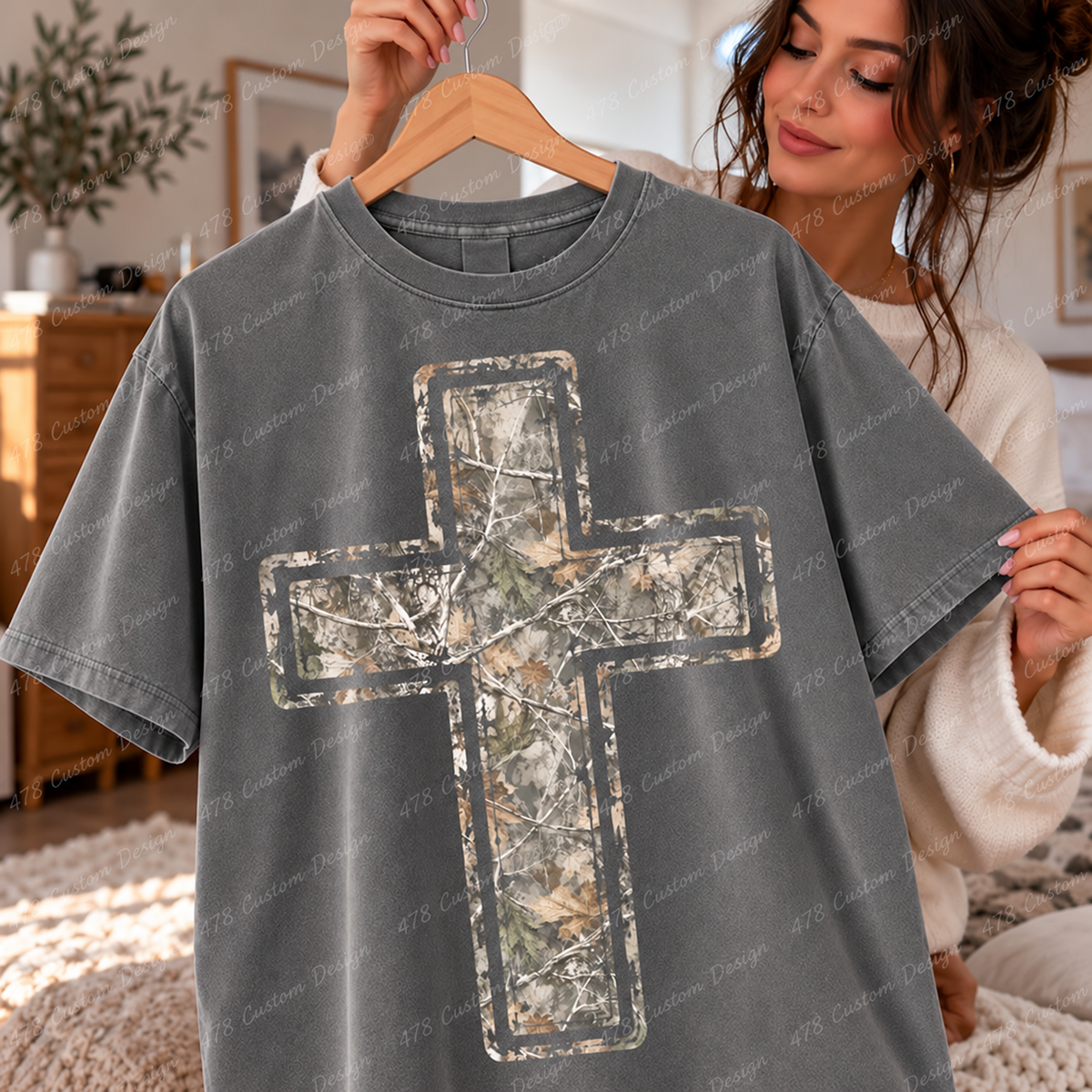 Distressed Camo Christian Cross Top apparel mockup — 478 Custom Design