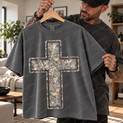 Distressed Camo Christian Cross Top apparel mockup — 478 Custom Design